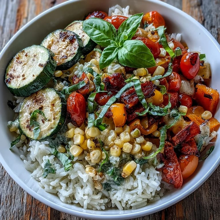 Close-up view of the Summer Vegetable Bowl featuring tender, golden-sautéed zucchini and bell peppers, juicy tomato halves, and sweet corn kernels over rice.