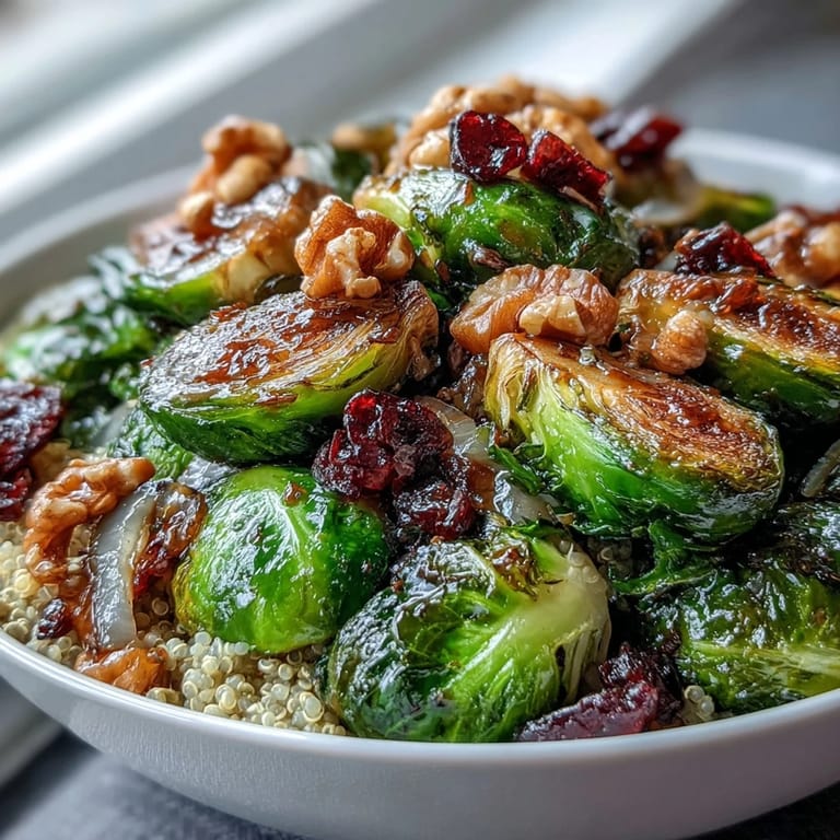 A finished Roasted Brussels Sprouts Bowl topped with toasted walnuts, dried cranberries, and a tangy balsamic glaze.