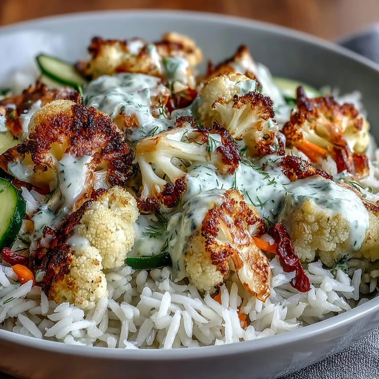 Colorful roasted cauliflower bowl with cucumber, cherry tomatoes, and shredded carrots, drizzled generously with creamy tahini sauce.