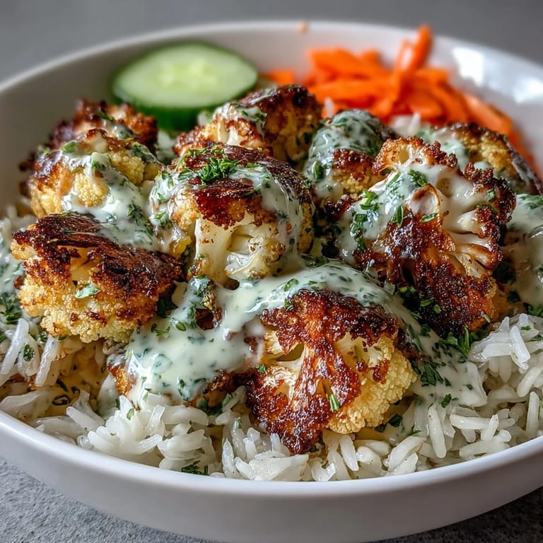 Nourishing Roasted Cauliflower Bowl served warm over rice and greens, garnished with red onion and lemony tahini dressing.