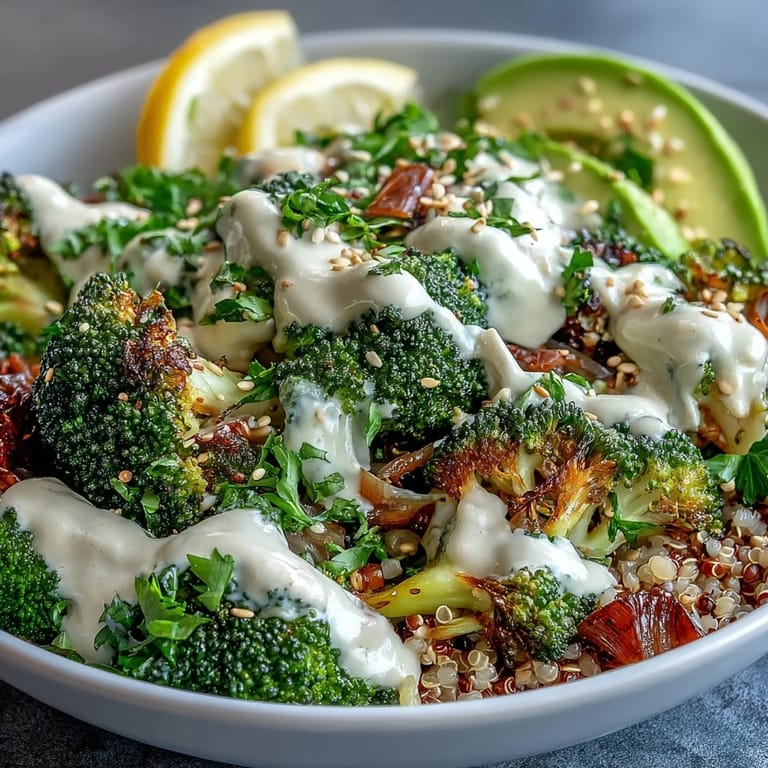 Close-up of a roasted broccoli bowl featuring smoky red onions on brown rice, finished with rich tahini sauce and avocado.