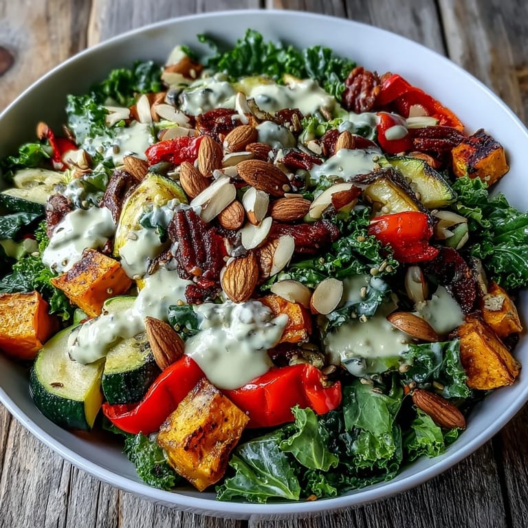 Hearty roasted sweet potato, peppers, and zucchini over massaged kale in a colorful bowl.
