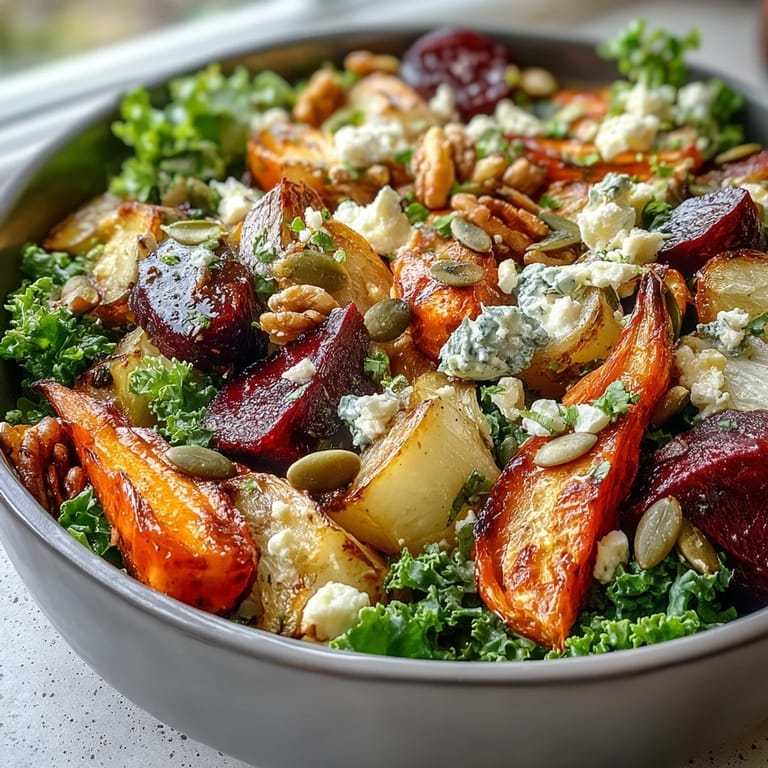 Freshly baked Winter Root Vegetable Bowl topped with melted feta and pumpkin seeds, served beside a glass of wine.