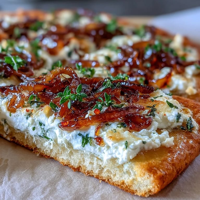 Sliced Goat Cheese & Caramelized Onion Flatbread served warm on a marble platter for a party.