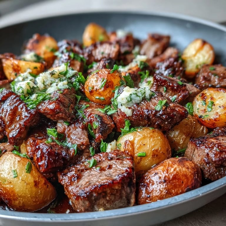 Serve this Garlic Butter Steak & Potato Skillet family-style, topped with fresh chives alongside roasted vegetables for dinner.
