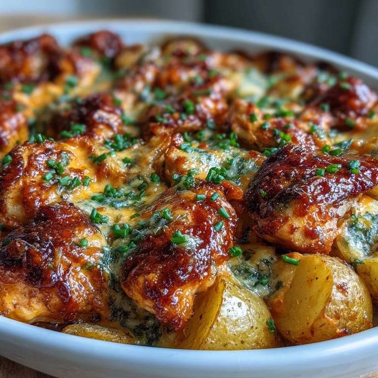 Juicy chicken breasts nestled among tender roasted baby potatoes in a spicy buffalo ranch sauce.