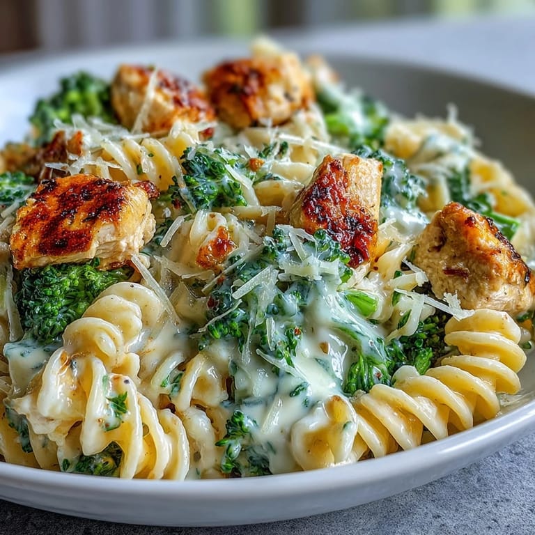 Creamy Garlic Parmesan Broccoli & Chicken Pasta served in a white bowl, garnished with fresh parsley.