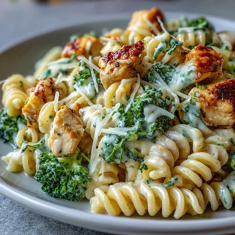 Weeknight Garlic Parmesan Broccoli & Chicken Pasta plated, showing steam and extra Parmesan, ready to enjoy.