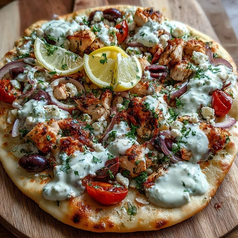 A close-up of Lemon Feta Chicken Naan Pizza featuring melty cheese, briny olives, and a cooling tzatziki drizzle.