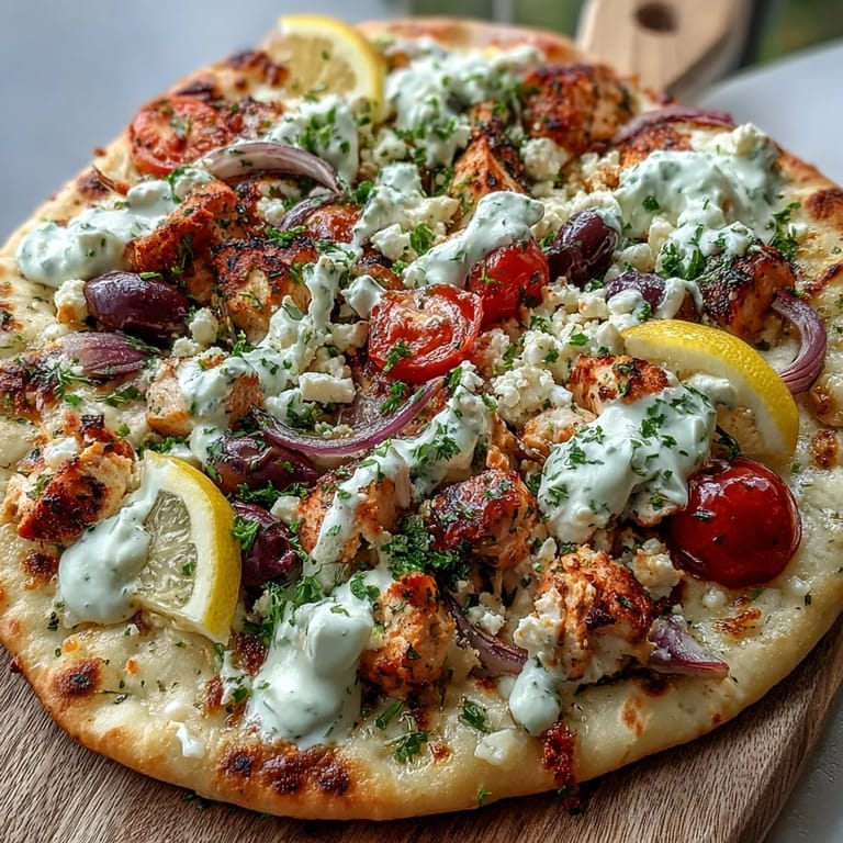 Freshly baked Lemon Feta Chicken Naan Pizza with vibrant red onions and cherry tomatoes on a naan crust.