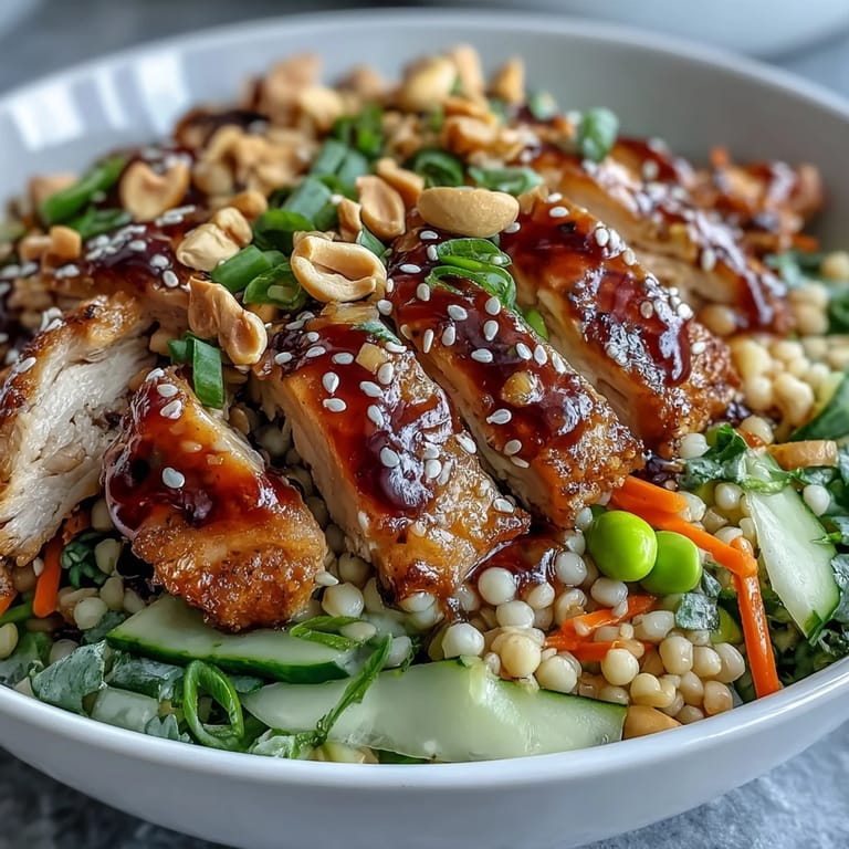 Edamame, green onions, and fresh cilantro garnish this hearty Sesame Ginger Chicken Couscous Bowl, served with lime wedges.