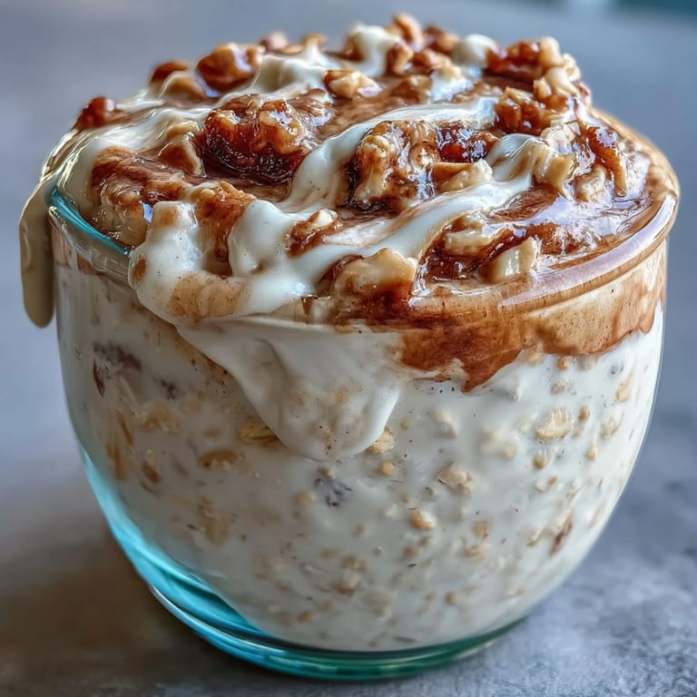 A protein-packed High-Protein Cinnamon Roll Overnight Oats breakfast, garnished with a sprinkle of extra cinnamon.