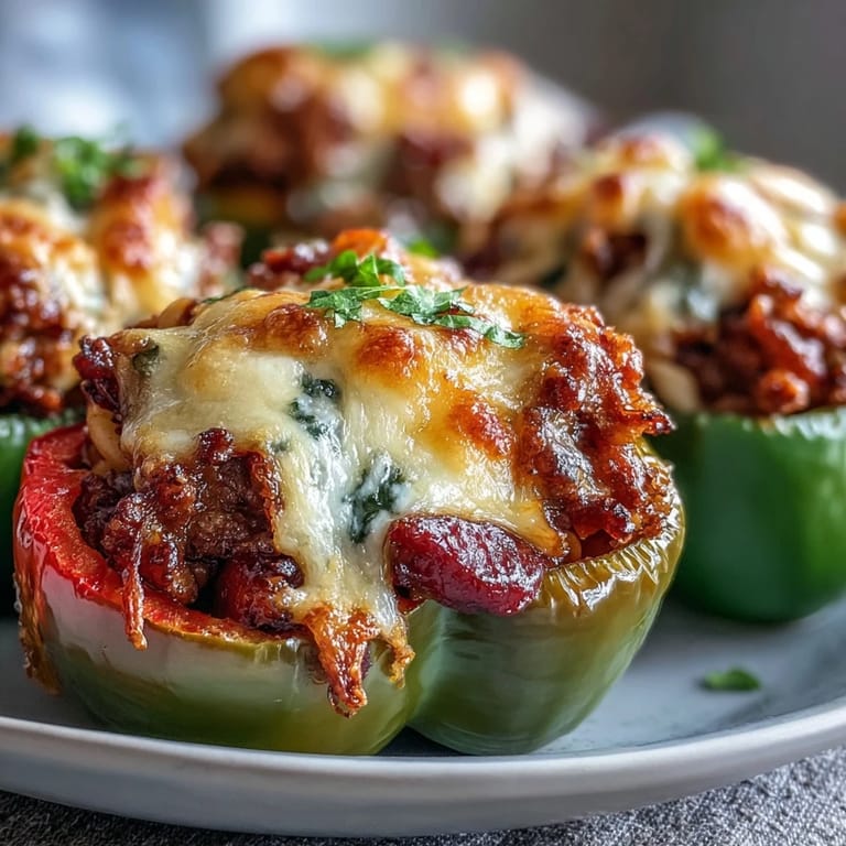 Golden, melted sharp cheddar tops a hearty scoop of Baked Chili Mac Stuffed Peppers, revealing savory beef, beans, and macaroni filling.