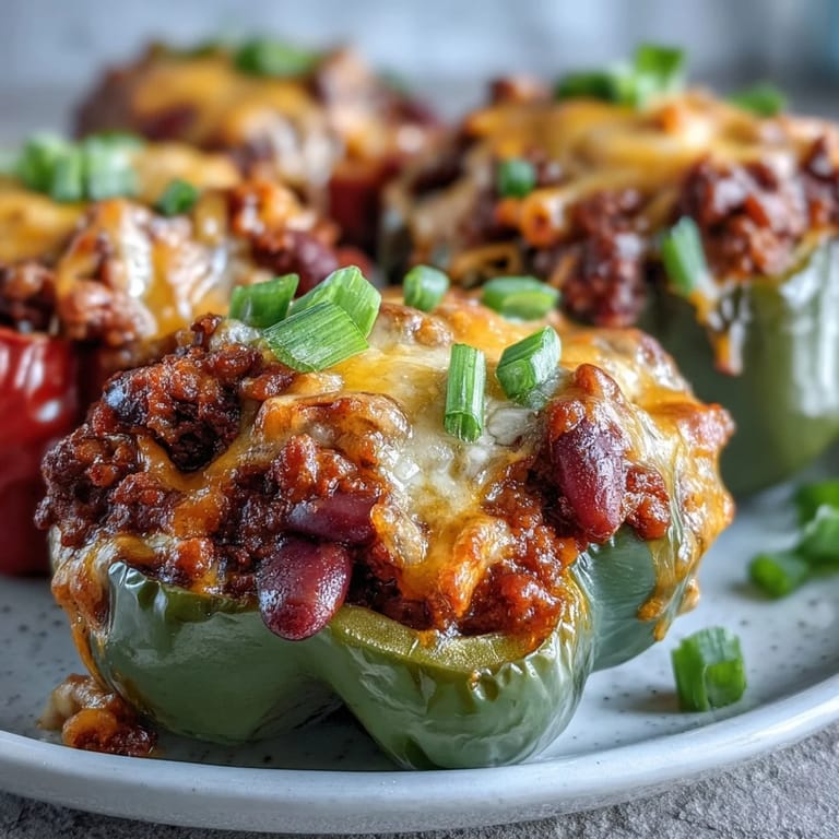 Freshly baked Baked Chili Mac Stuffed Peppers served hot in a white dish, steam rising from the peppers and melted cheese.