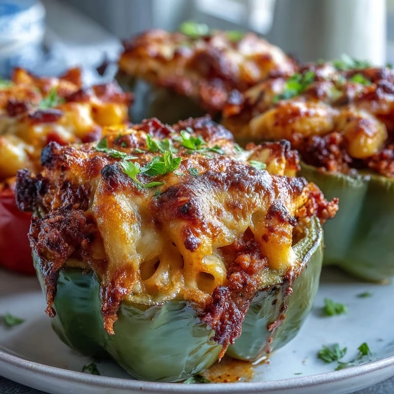 Golden, melted sharp cheddar tops a hearty scoop of Baked Chili Mac Stuffed Peppers, revealing savory beef, beans, and macaroni filling.