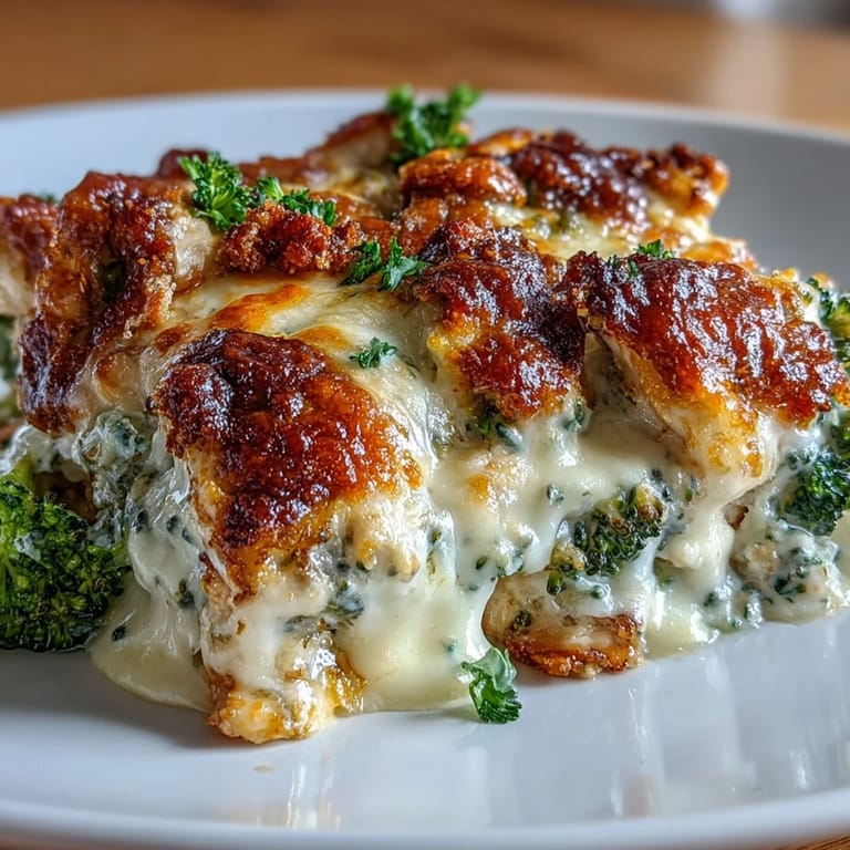 Low-carb keto dinner with cheesy chicken and broccoli baked to bubbly perfection.