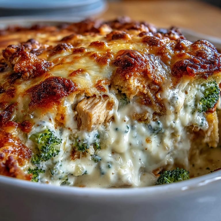 Savory baked casserole featuring juicy chicken, fresh broccoli, and rich cream sauce.  