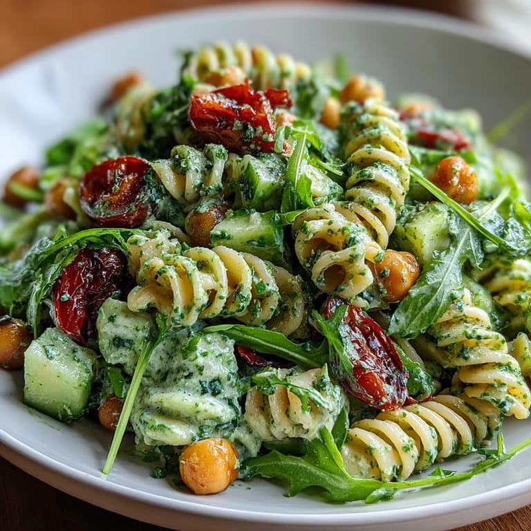 This vibrant chickpea pasta salad features a dairy-free pesto, crunchy veggies, and peppery arugula—ideal for lunch or dinner.  