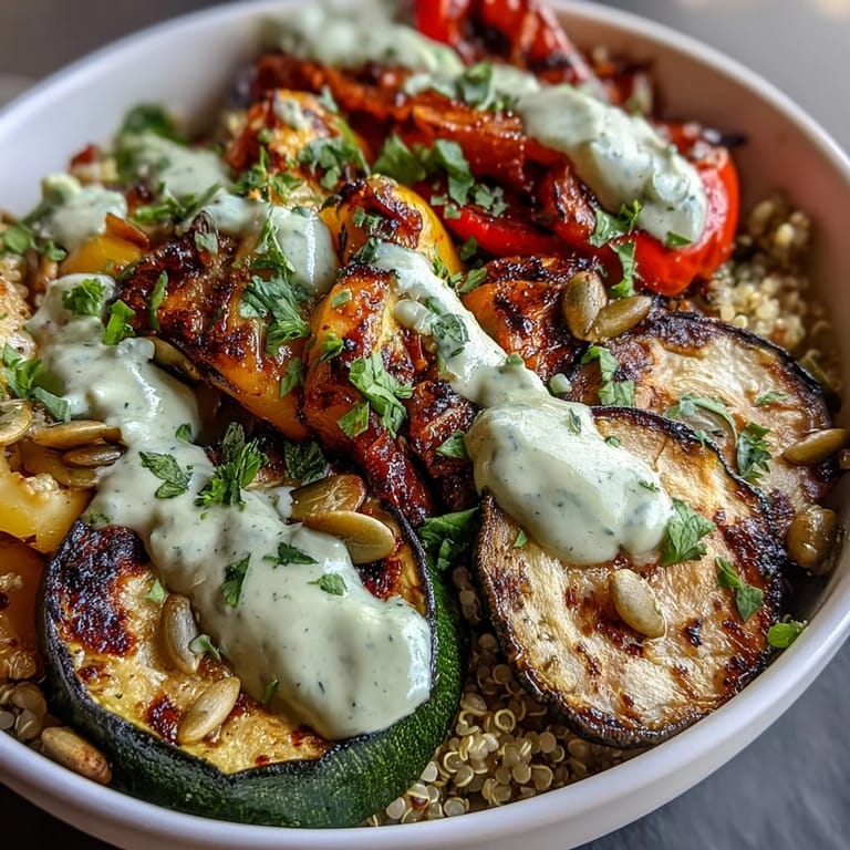 Wholesome power bowls featuring smoky grilled vegetables, protein-rich quinoa, and a zesty tahini drizzle for a satisfying meal.  
