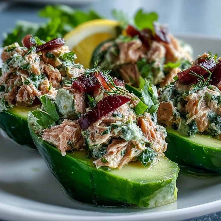 Fresh cucumber halves stuffed with creamy tuna-avocado mixture, perfect for quick meal prep.