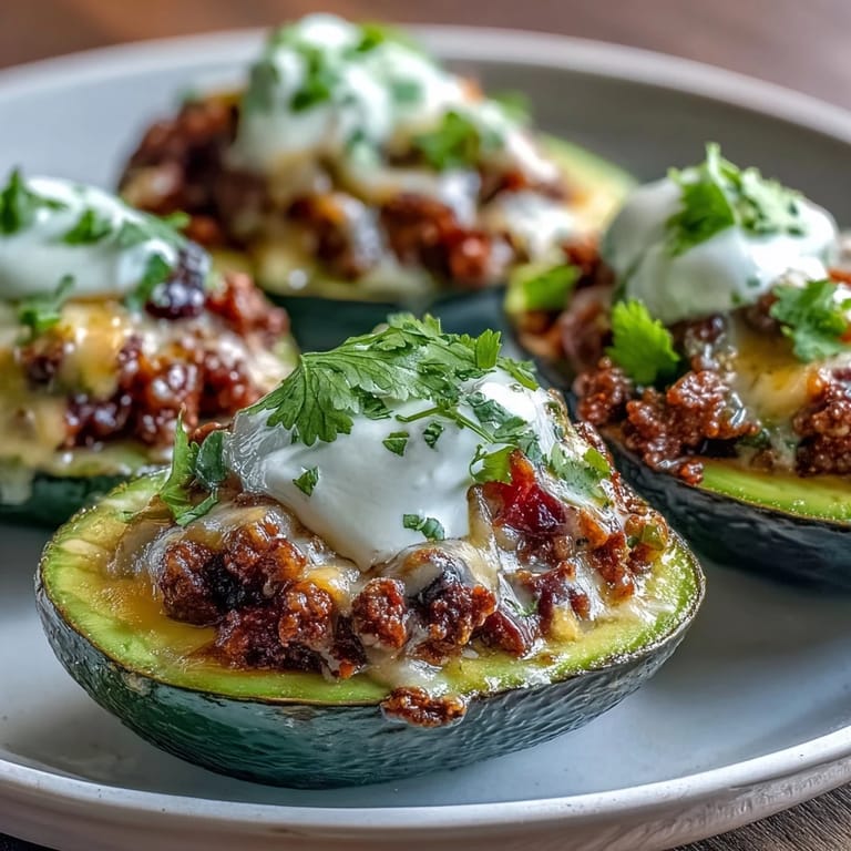 Easy Keto Taco Stuffed Avocados with Sour Cream and Salsa - ripe avocado boats loaded with seasoned beef, shredded cheese, and fresh toppings, finished with cool sour cream and salsa.