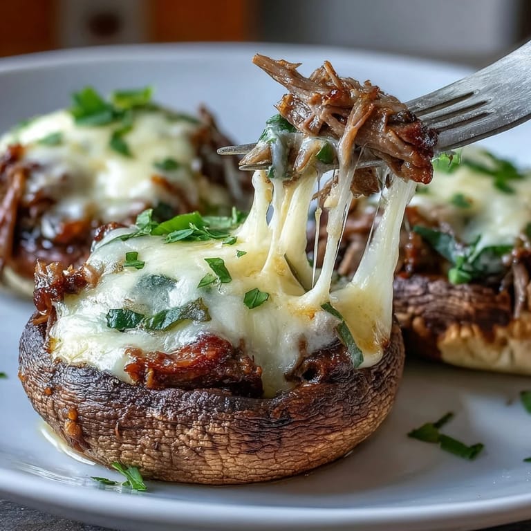 Low-carb Philly cheesesteak stuffed portobello mushrooms loaded with sautéed peppers and gooey provolone cheese.  