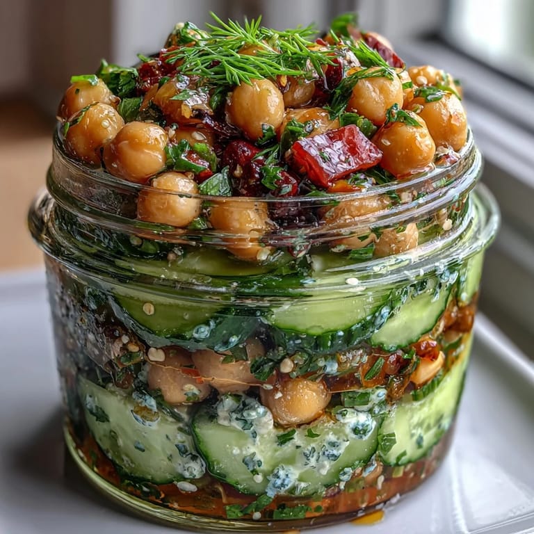 Bright and crunchy Citrus Herb Chickpea Cucumber Salad Jars layered with colorful veggies and protein-rich chickpeas for easy lunches.  