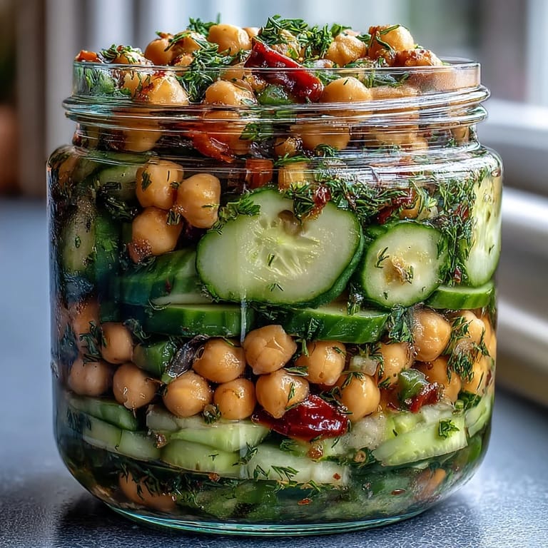 Vibrant Citrus Herb Chickpea Cucumber Salad Jars showcasing fresh herbs, crisp cucumber, and tangy citrus dressing in portable containers.