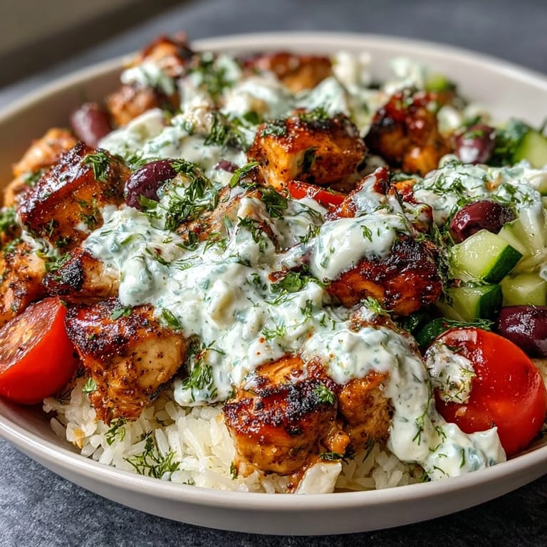 Healthy Greek Chicken Souvlaki Bowls with Tzatziki and Veggies featuring tender grilled chicken, fluffy rice, crisp vegetables, tangy olives, crumbled feta, and a dollop of homemade tzatziki.
