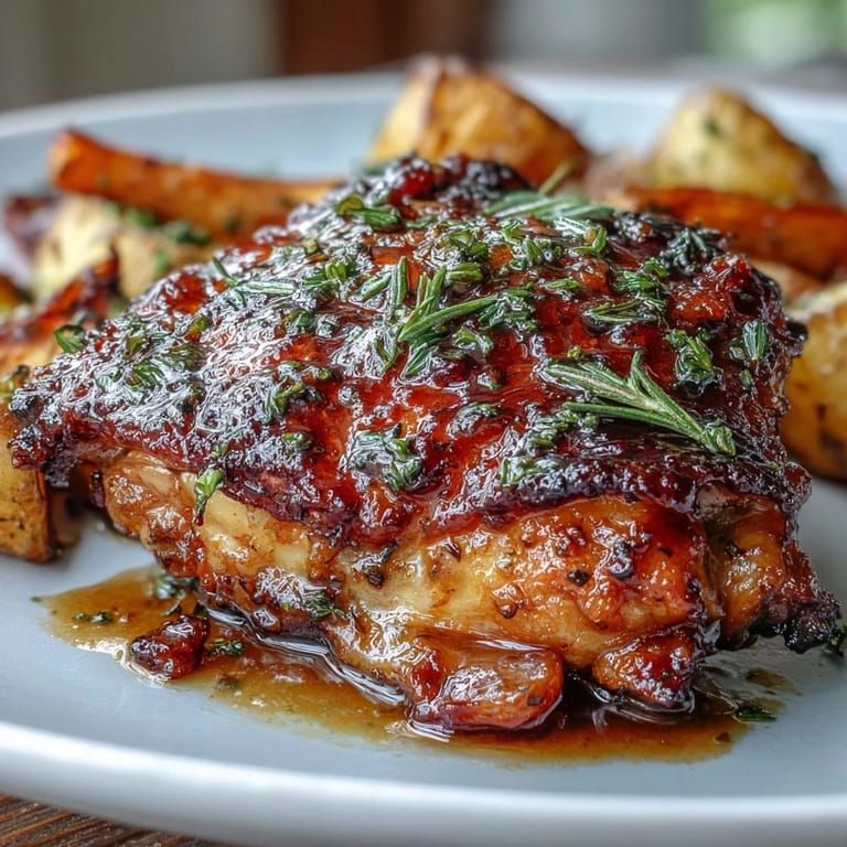Easy one-pan dinner featuring honey mustard chicken thighs alongside caramelized carrots and golden baby potatoes, perfect for busy weeknights.