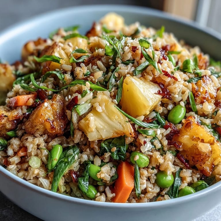 Healthy, low-carb pineapple fried rice made with riced cauliflower, juicy pineapple chunks, and protein-packed edamame for a satisfying vegan meal.  