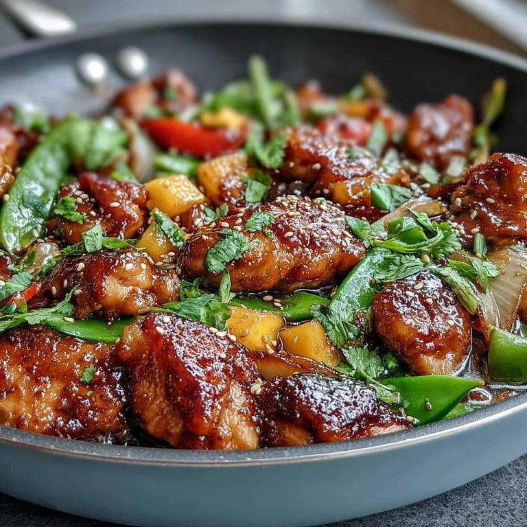 Golden turmeric chicken stir-fry with ripe mango, crunchy snap peas, and bell peppers, garnished with fresh cilantro and sesame seeds.