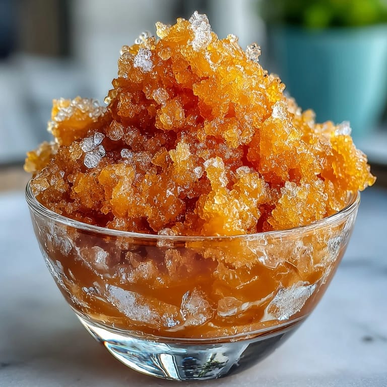 Fluffy mango granita made with ripe mangoes and lime juice, served in chilled glasses for a cooling treat.  
