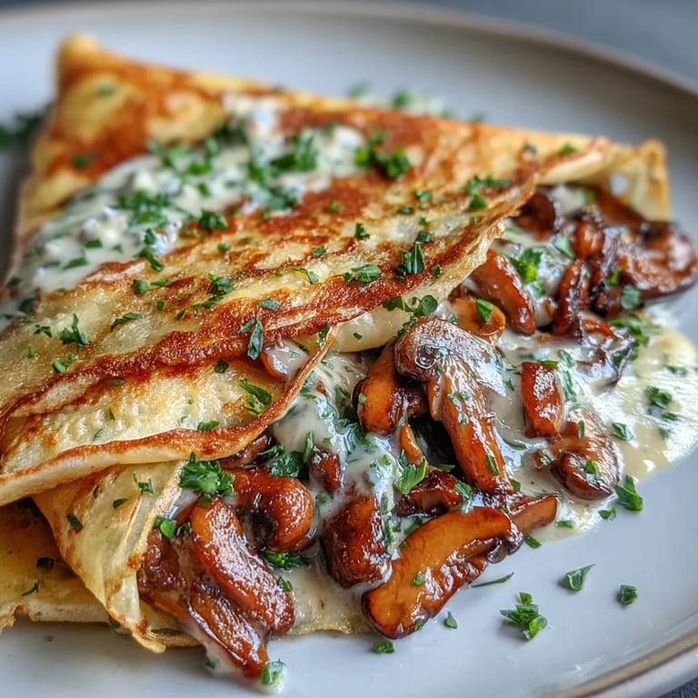 Wild mushroom crepe filling sautéed with garlic and shallots, wrapped in soft crepes and topped with melted Gruyère for a gourmet appetizer.
