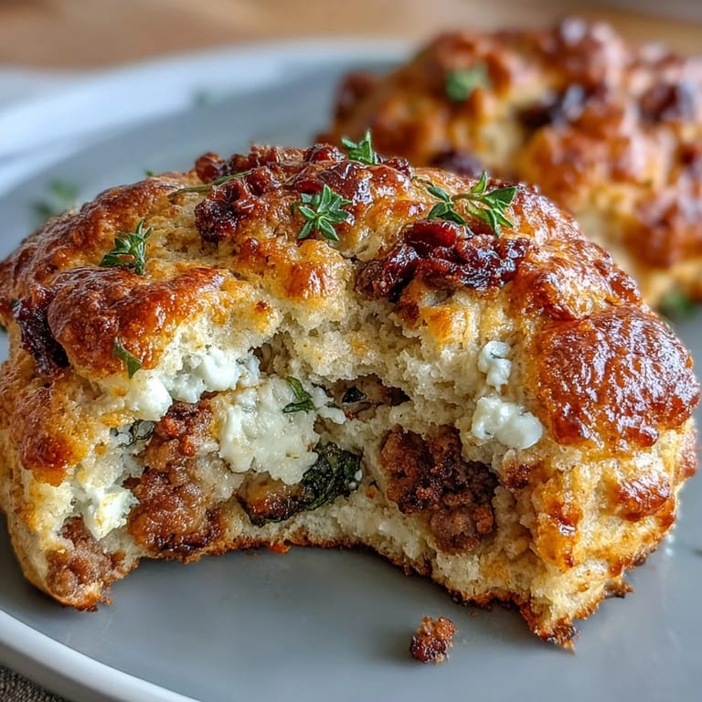 Fluffy protein biscuits bursting with Mediterranean sausage, feta, and sun-dried tomatoes for a savory morning boost.
