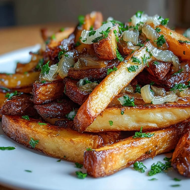 Oven-baked russet fries coated with fragrant garlic and sweet caramelized onions, finished with fresh parsley.