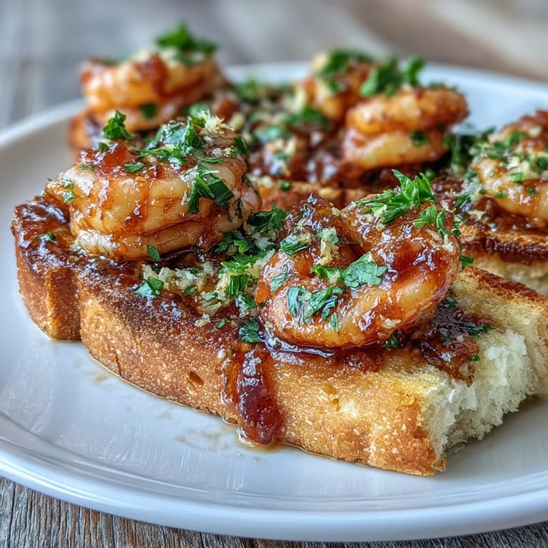 Crispy shrimp toast featuring spicy Calabrian chili oil, tender shrimp, and aromatic garlic on rustic sourdough bread.