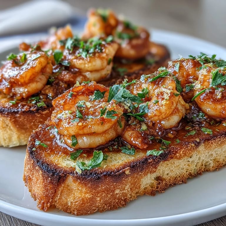 Golden toasted bread topped with sautéed shrimp in Calabrian chili oil, garnished with fresh parsley and lemon zest.  