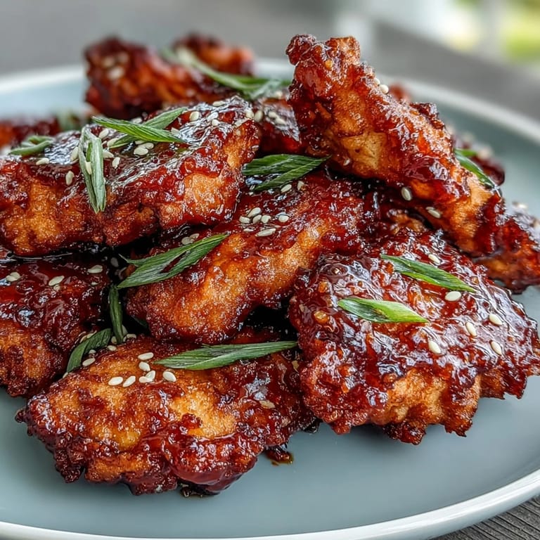 Golden-brown chicken bites coated in sticky gochujang glaze, served with toasted sesame and fresh scallion topping.  