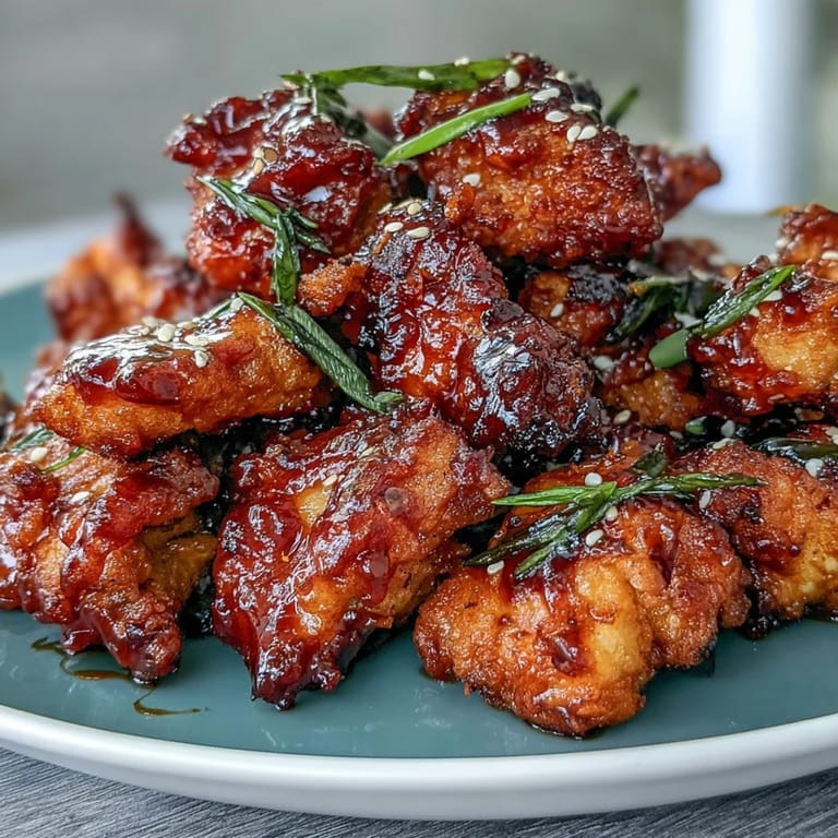 Juicy Korean fried chicken pieces air-fried until crunchy, then tossed in a honey-sweetened gochujang glaze.