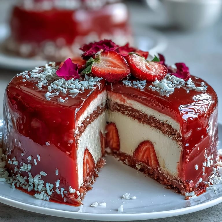 Elegant strawberry mousse cake featuring fluffy sponge, luscious berry filling, and shiny strawberry topping, beautifully decorated for Valentines Day.