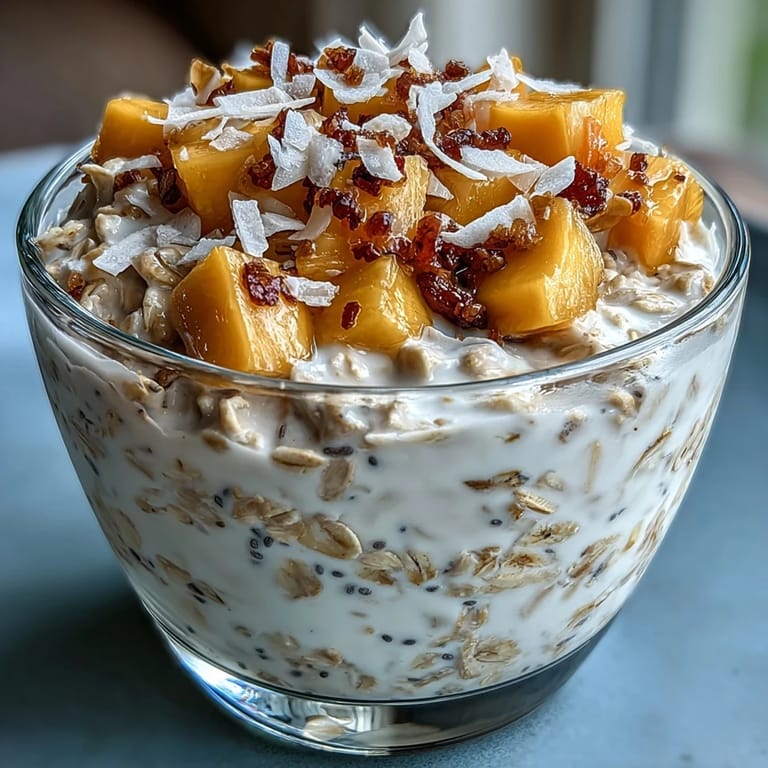 Tropical breakfast jar filled with mango, coconut, and chia overnight oats, ready to grab and go.  