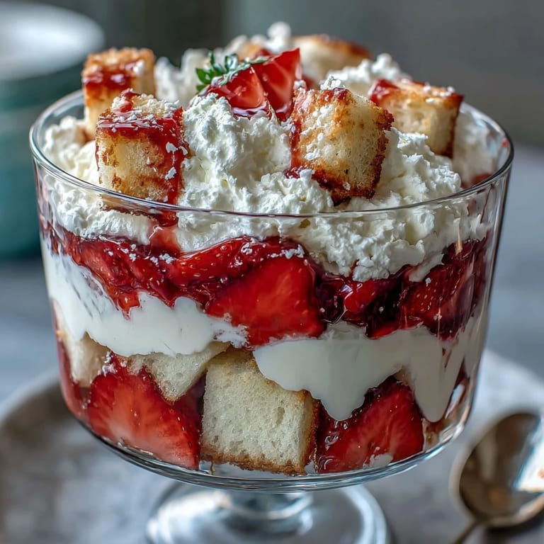 Golden shortcake cubes layered with fresh strawberries and fluffy whipped cream in a clear trifle dish.