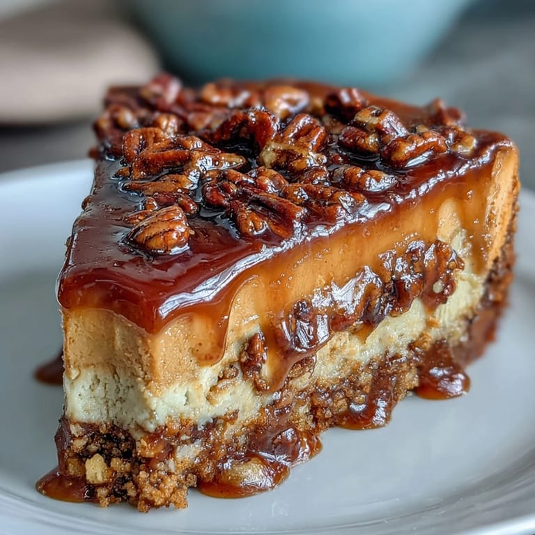 Close-up of candied yams pie slice revealing rich, spiced filling in a nutty pecan crust.  