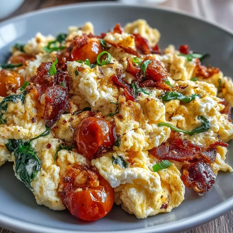 Wholesome scrambled eggs mixed with cottage cheese and tender vegetables, creating a nourishing and flavorful breakfast plate.
