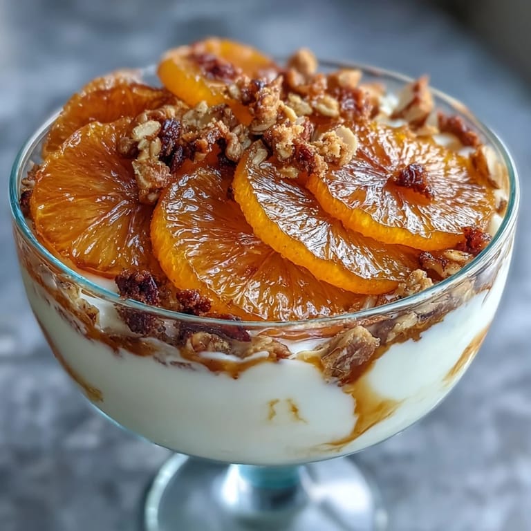 Creamy Greek yogurt parfait topped with sweet candied orange slices and toasted almond granola, perfect for a healthy treat.  