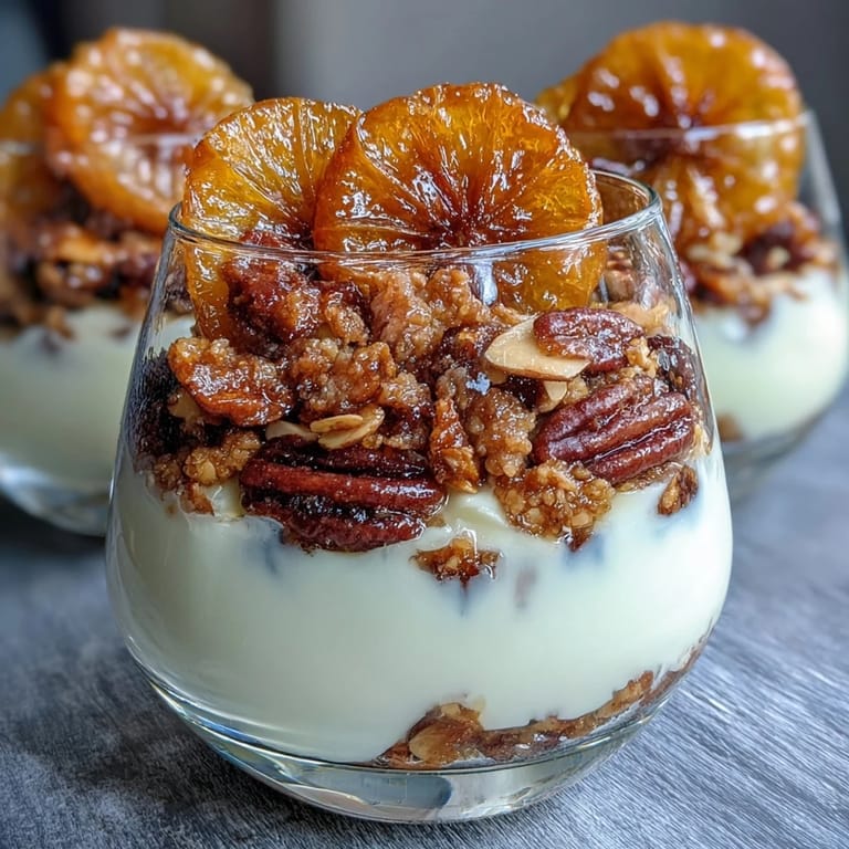 Beautifully layered parfait with candied oranges, vanilla yogurt, and crunchy granola, garnished with mint for a stunning presentation.