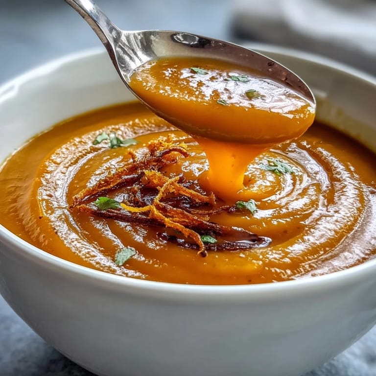 Silky carrot and orange soup with ginger and coconut milk, served with a drizzle of coconut cream and aromatic orange zest.