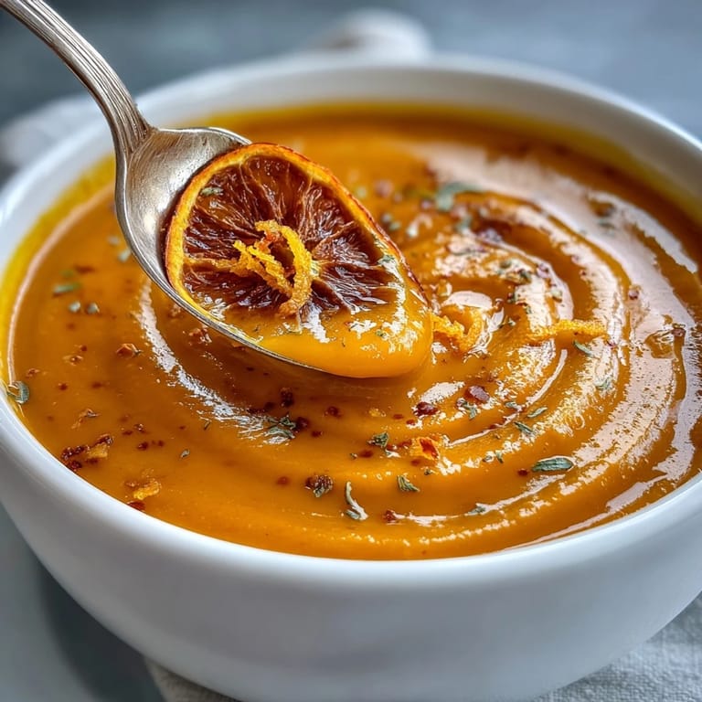 Creamy carrot and orange soup with a hint of ginger, topped with a swirl of coconut milk and fresh herbs.  