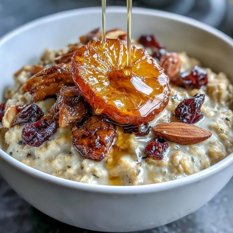 Warm bowl of oatmeal garnished with sweet candied orange, chewy cranberries, and golden toasted almonds, drizzled with honey.